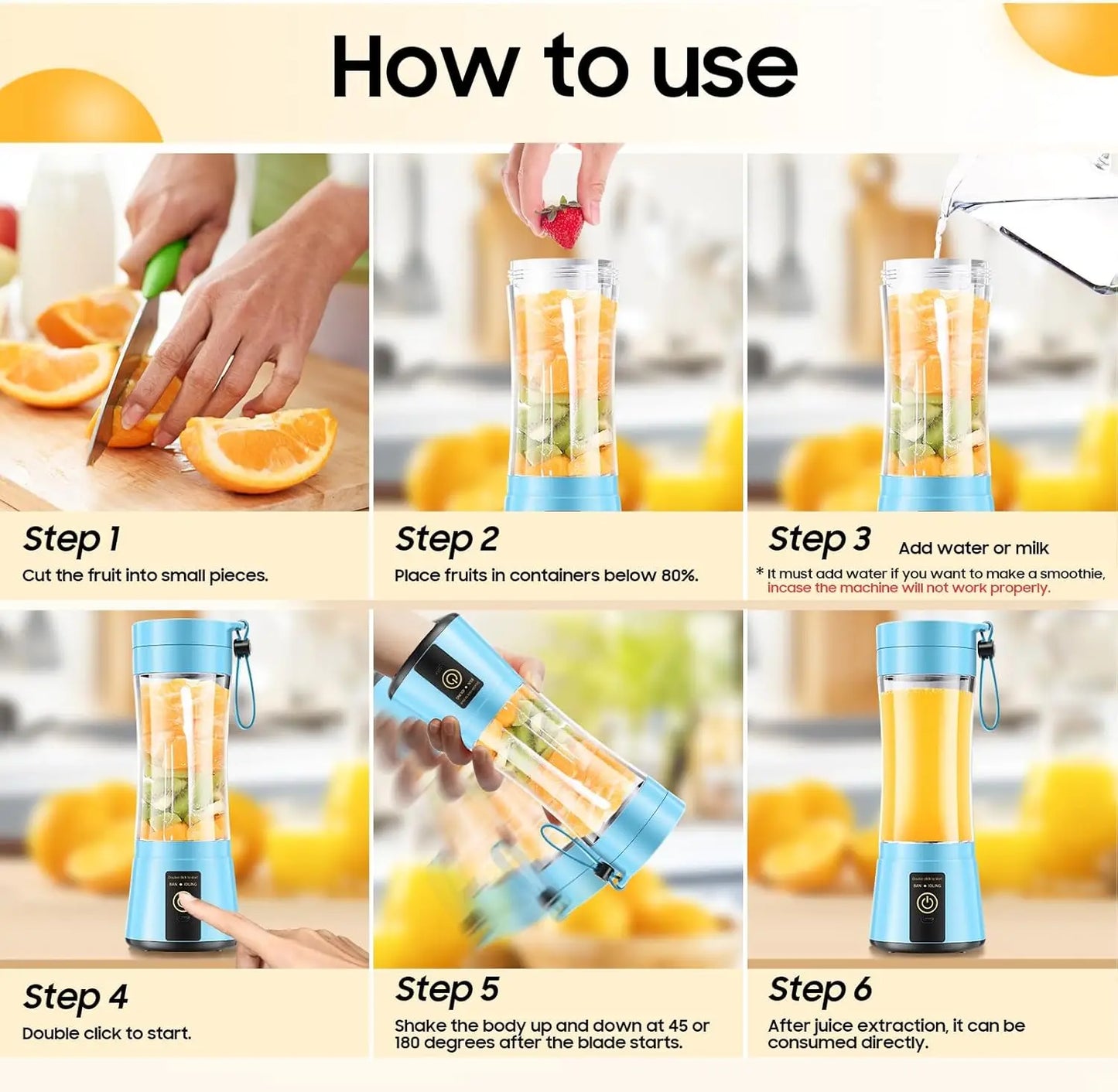 Cordless Portable Personal Size Blender - Mini Blender Make Smoothies and Shakes, 380Ml BPA Free Travel Cup for Office/Home/Gym